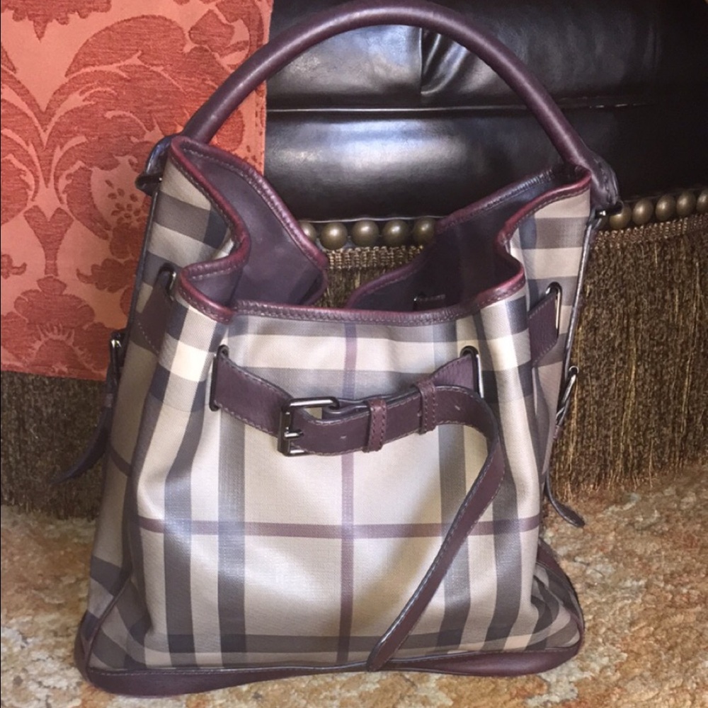 Burberry Beige Plaid Canvas Bucket Bag with Burgundy Trim